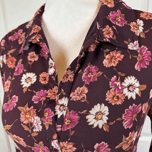 Live to be Spoiled Gauzy Ruched Dress Bordeaux Wine Floral Button Front Medium - Picture 3 of 12